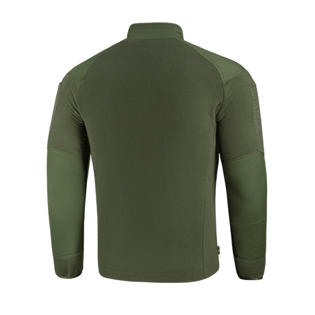 M-Tac Combat Fleece Polartec Jakke set bagfra, i olivengrøn farve, viser design og materiale af høj kvalitet, perfekt til taktisk brug.