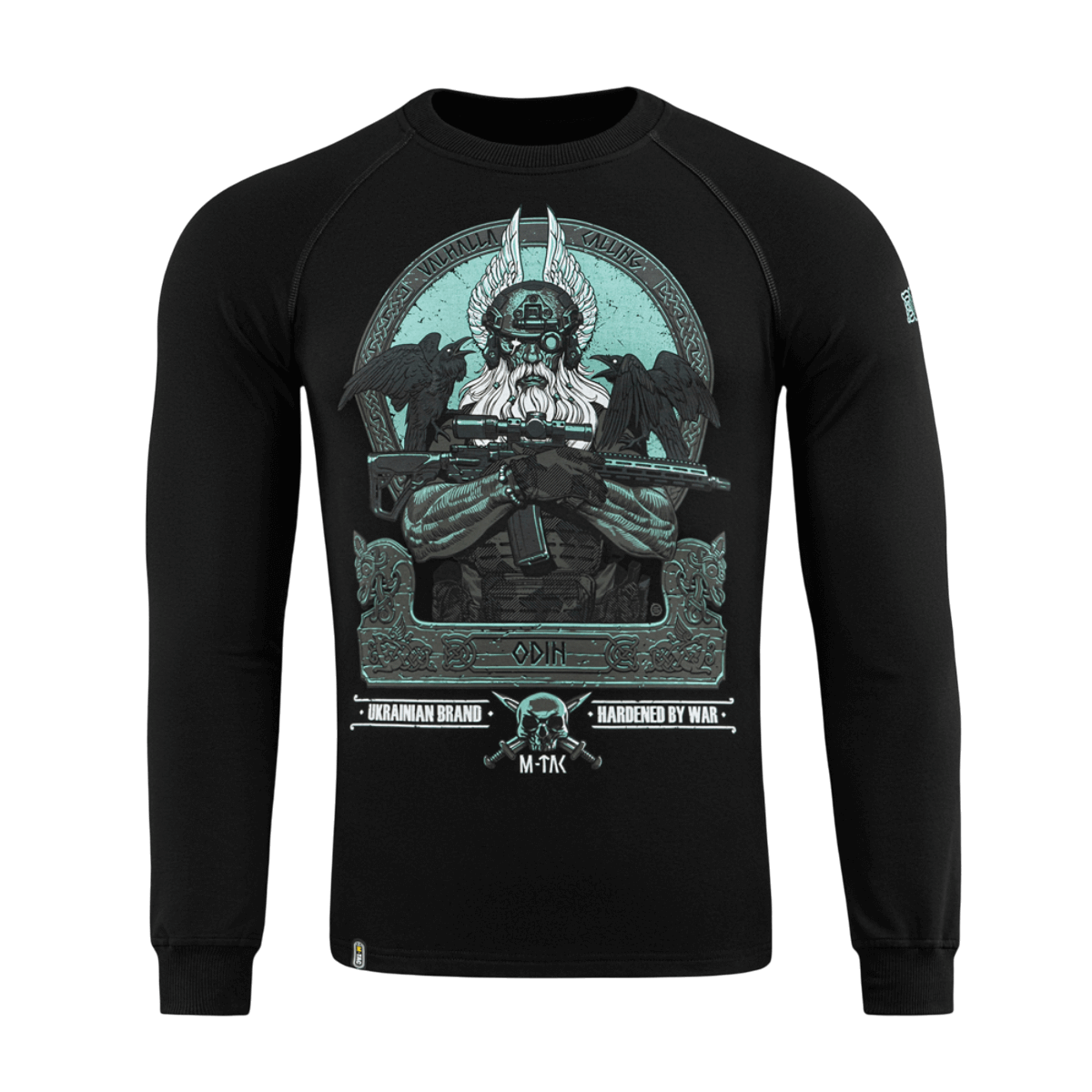 Sort M-Tac Raglan Odin Mystery med Odin-motiv, langærmet og komfortabel pasform, perfekt til hverdagsbrug, 95% bomuld, 5% elastan.