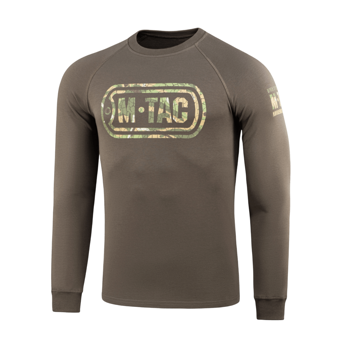 M-Tac Raglan Logo trøje med camouflageprint og slogan, lavet af 95% bomuld og 5% elastan for komfort og stil.