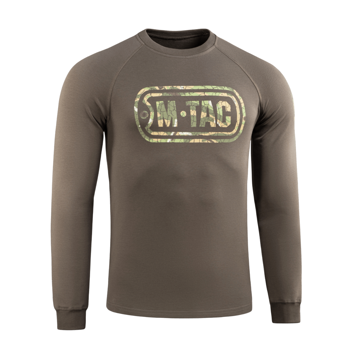 M-Tac Raglan Logo i brun med camouflageprint logo, komfortabelt design, velegnet til både militære og taktiske formål.