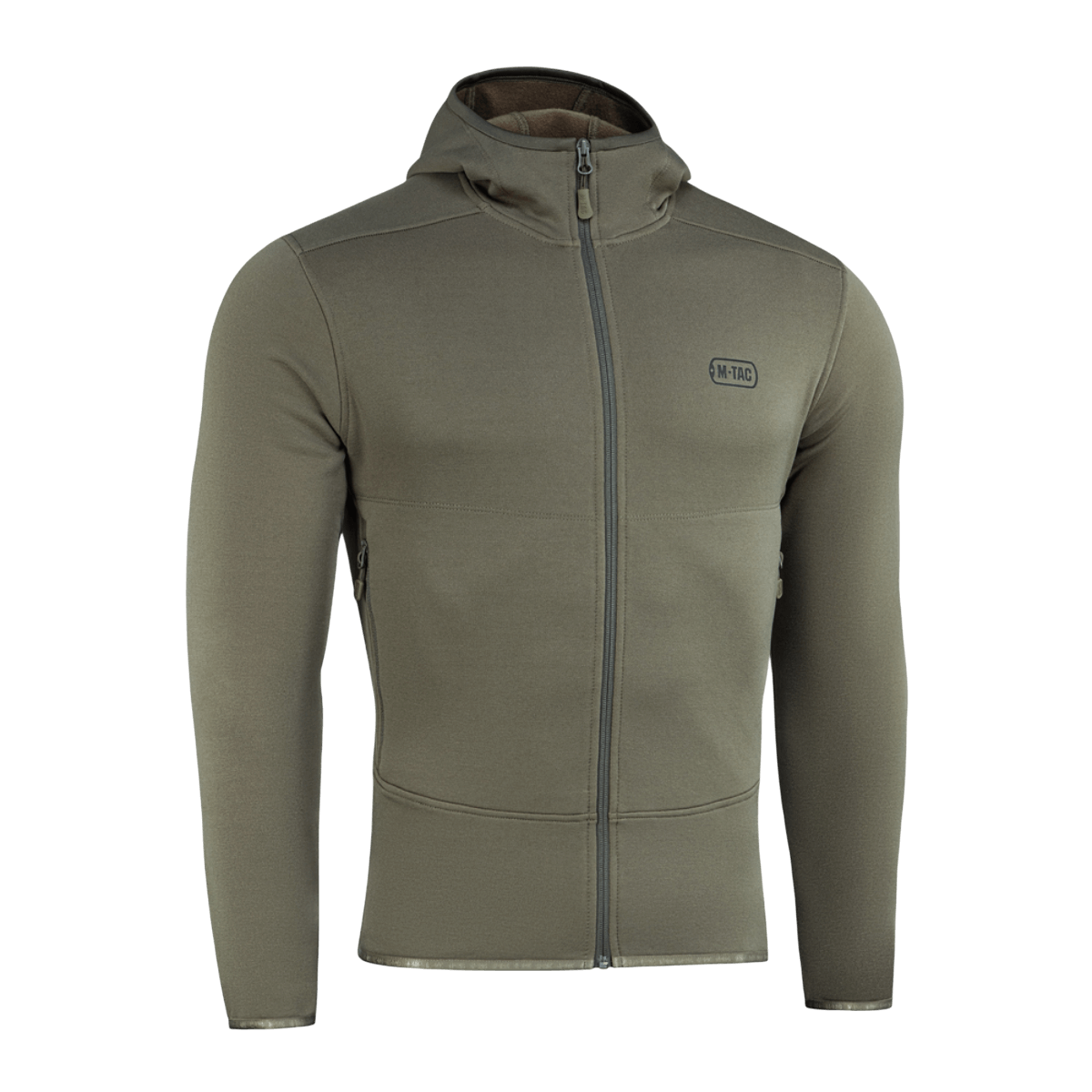 M-Tac Shadow Polartec Fleece Sweatshirt med lav profil hætte, slidstærk Power Stretch Pro fleece i oliven farve.