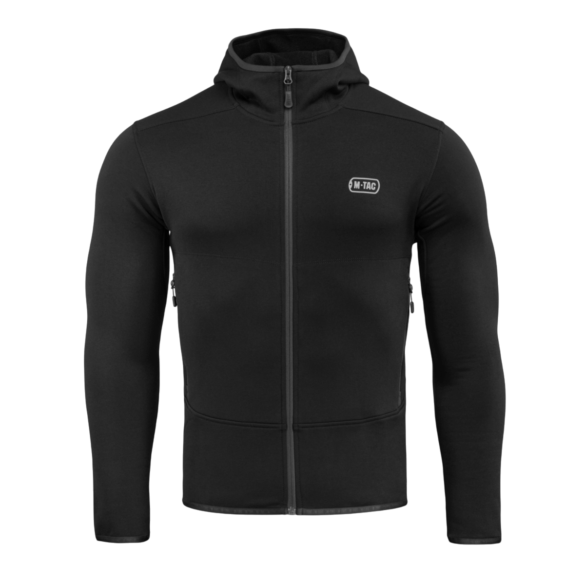 M-Tac Shadow Polartec Fleece Sweatshirt i sort med hætte og lynlås, fremstillet af slidstærkt Power Stretch Pro fleece. Perfekt til varme.