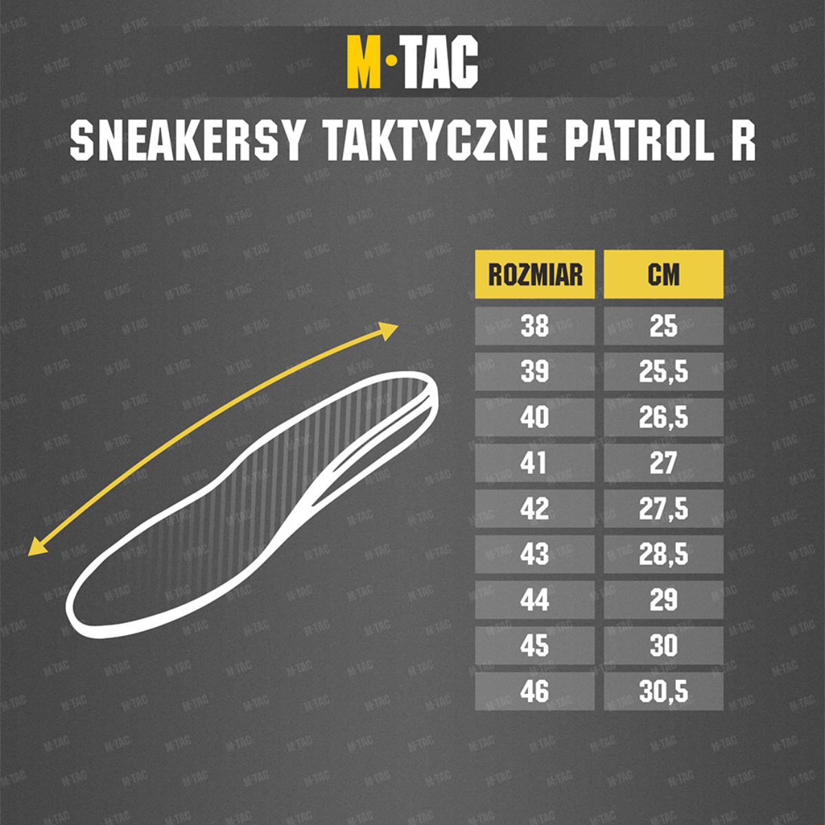 Størrelsesguide for M-Tac Tactical Sneakers Patrol R Vent, viser indlægssåledes design og centimeter størrelsesmålinger.