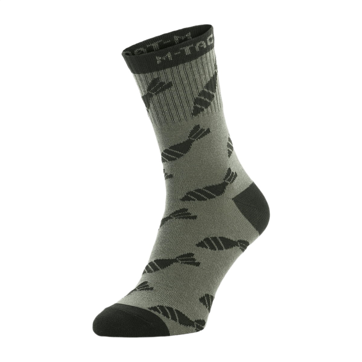 M-Tac Letvægtssokker Mk.3 Mortar Bombs i olivengrøn med sort mønster, ideel til sommer trekking og vandring, lavet af bomuld, polyamid og elastan.