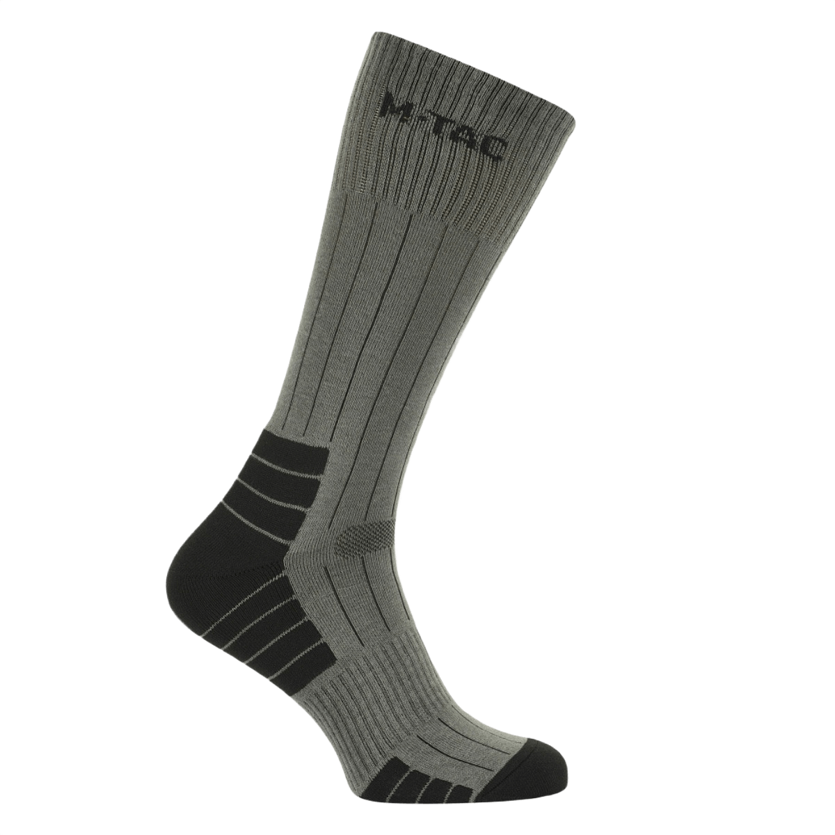 M-Tac Taktiske Sokker Ranger i grå og sort med anatomisk pasform og elastisk kant, ideel til udendørs aktiviteter og daglig komfort.