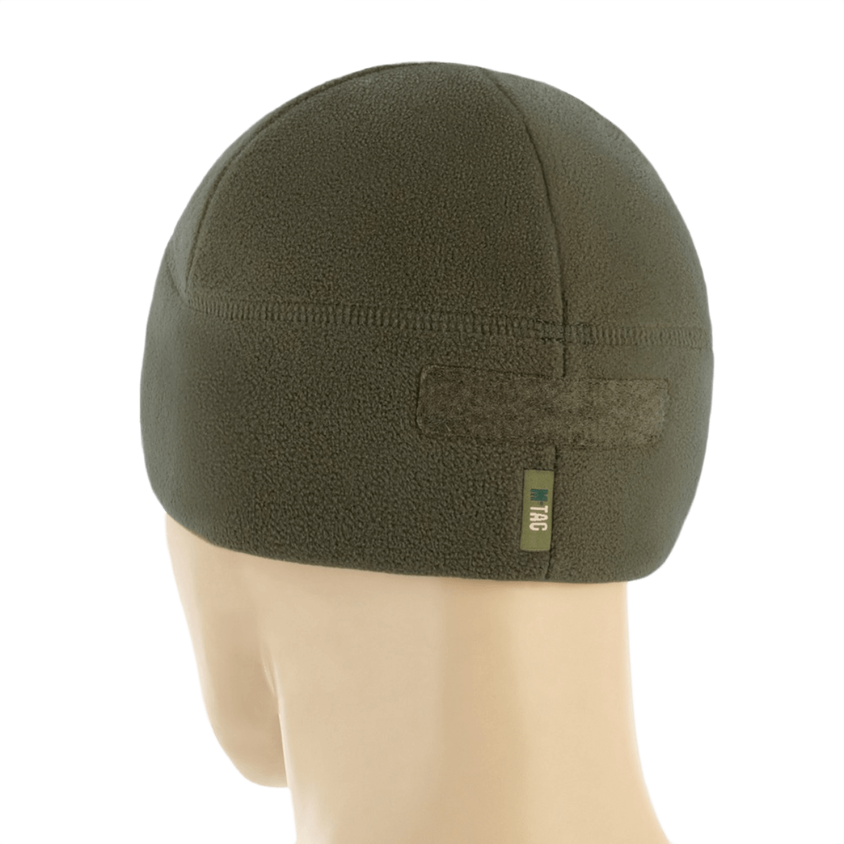M-Tac Watch Cap Elite Fleece Beanie Hat Velcro i olivengrøn farve, set bagfra, med velcro-panel. Ideel til taktisk og vinterbrug.
