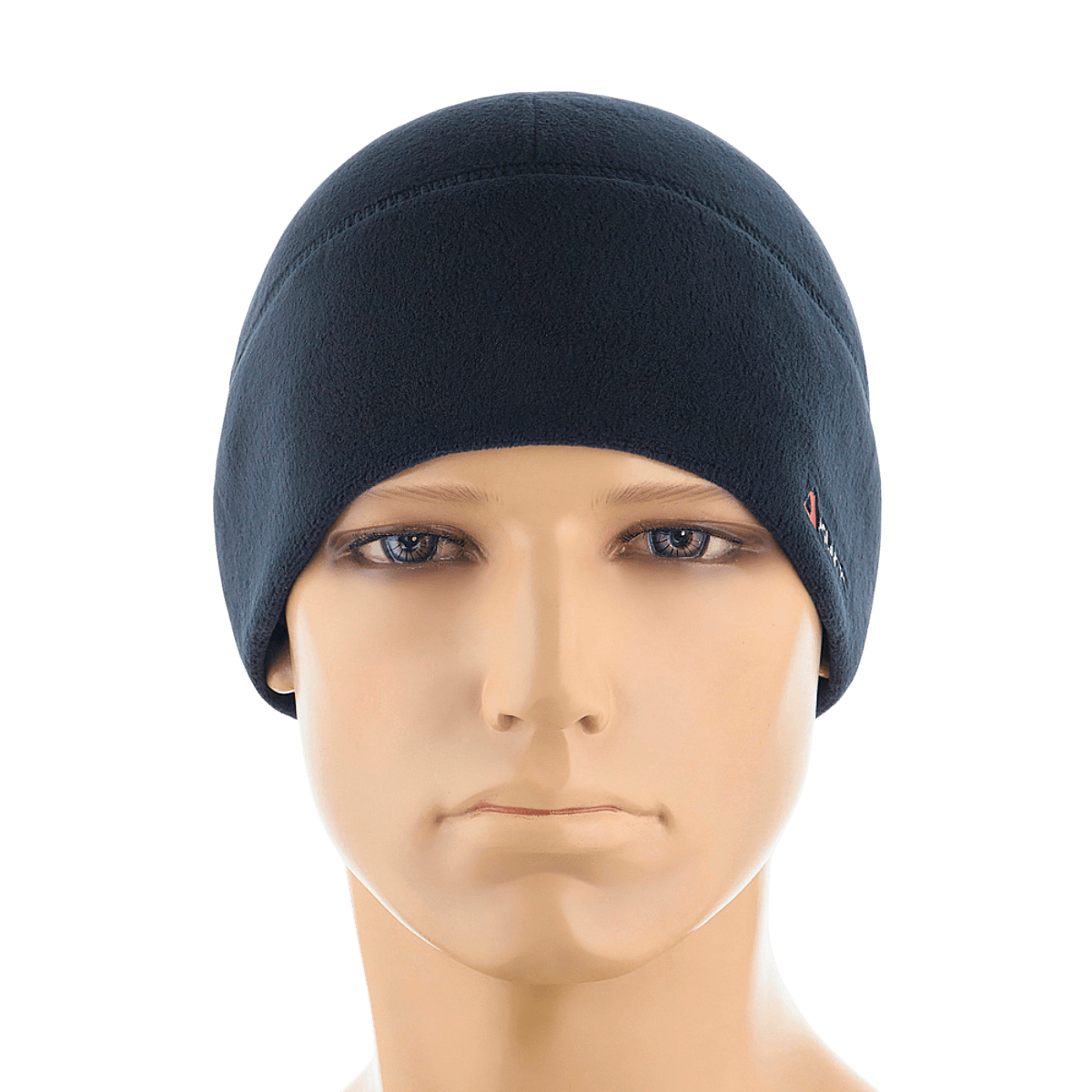 M-Tac Fleece Watch Cap Light Polartec på mannequin-hoved, vinterhue i Polartec fleece, sort farve, beskytter mod kulde og vind.