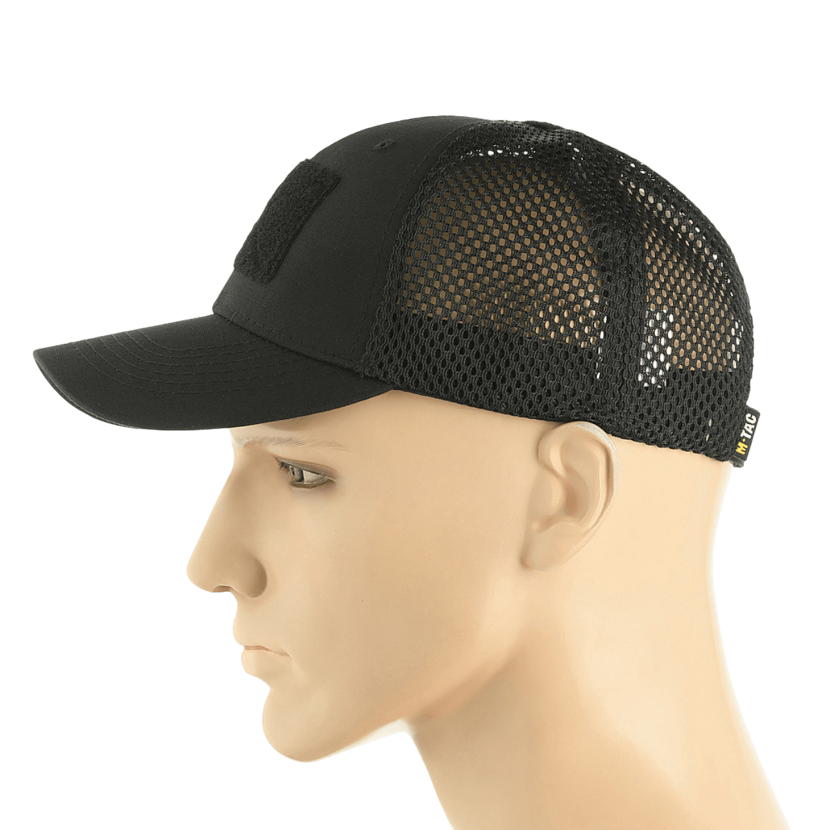 M-Tac Mesh Flex Ripstop Baseball Cap med Velcro i sort med ventilationspaneler og justerbar størrelse, set fra siden på mannequin.