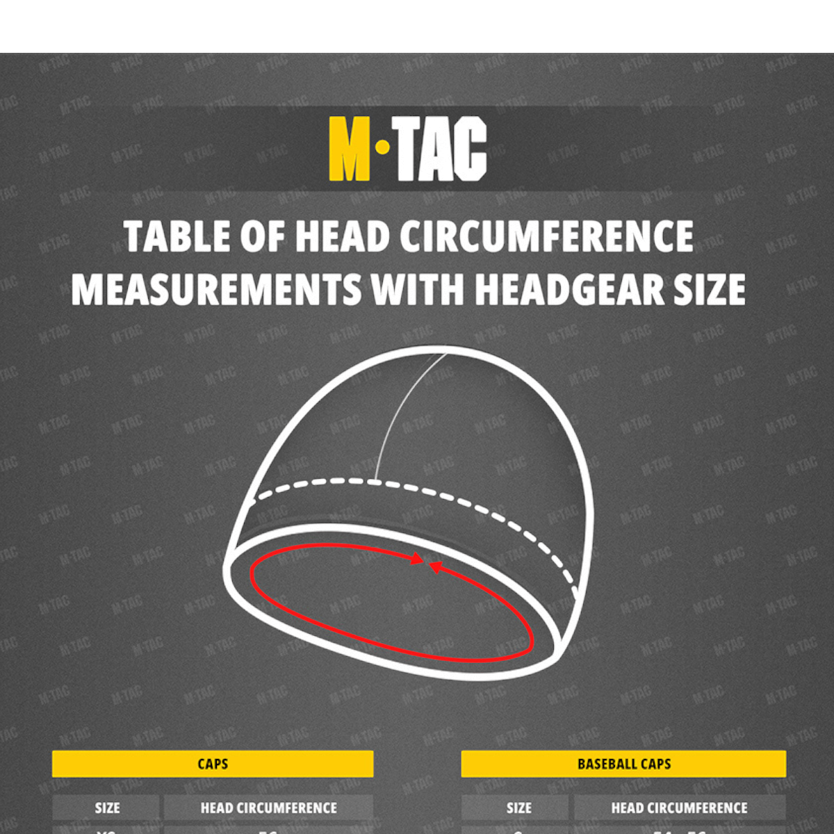 M-Tac head circumference measurement guide with cap and baseball cap size chart.