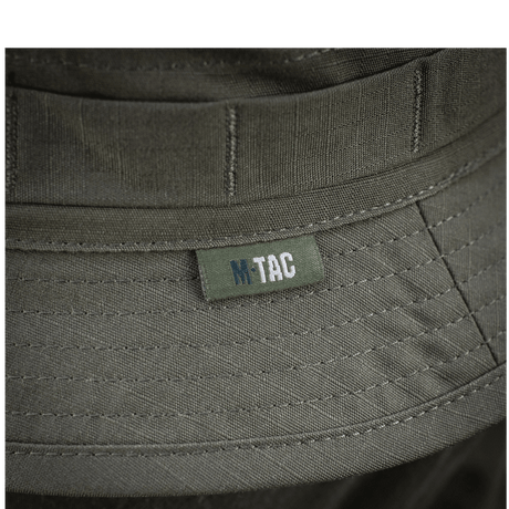 M-Tac Panamahat Gen. II Flex Rip-Stop i robust rip-stop stof med detaljer i syninger, NIJ-certificeret, vist i galleri position 1 tæt på mærke.