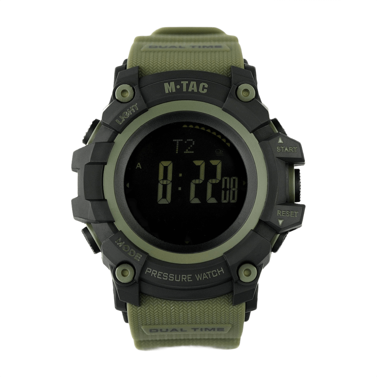 M‑Tac Taktisk Adventure Ur med mange funktioner, robust urkasse i polycarbonat, altimeter, barometer, termometer, vandafvisende design.