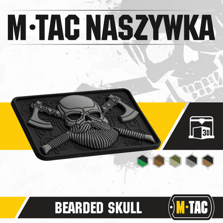 M-Tac Bearded Skull 3D PVC Patch med skæggede kranium motiv til taktik anvendelse med Velcro fastgørelse, holdbar til militær brug.