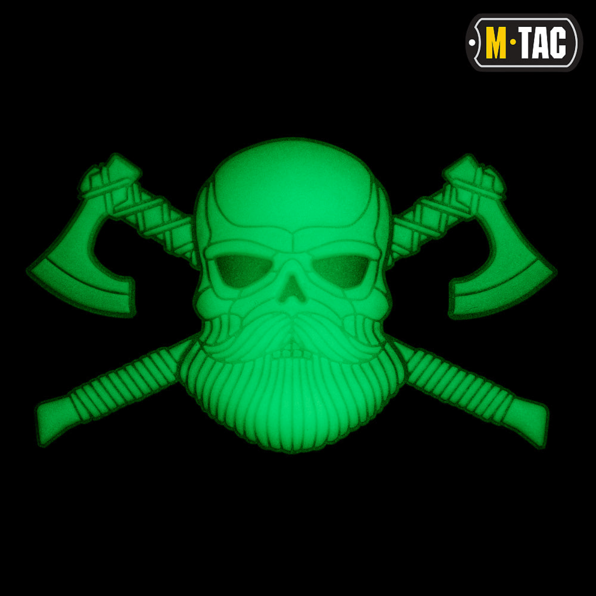M-Tac Bearded Skull 3D PVC Patch med skægget kranium og økser, i holdbar PVC med velcro for nem fastgørelse til taktisk brug og camouflage.