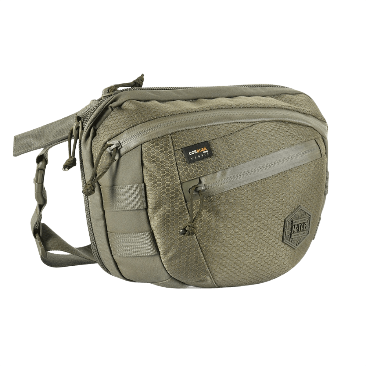 M-Tac Sphaera Hex Hardsling Bag Large Elite i olivengrøn, designet til holdbarhed og komfort, set fra siden med lynlåslommer.