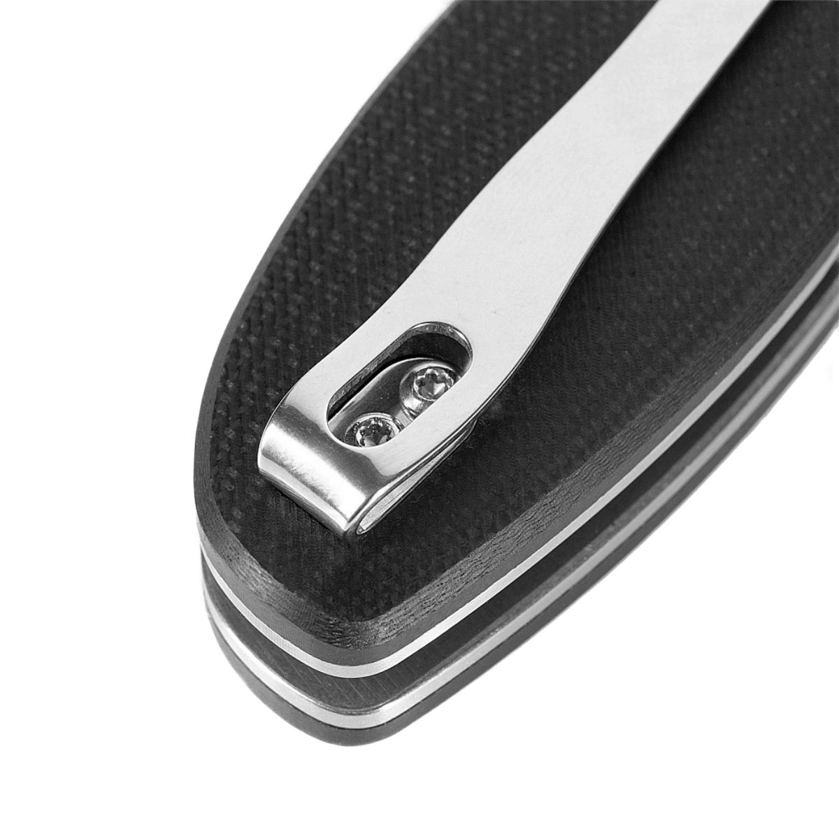 Detalje af M-Tac Outdoor & Militær foldekniv - Type 6 med sort G10-komposit håndtag og krom klips.