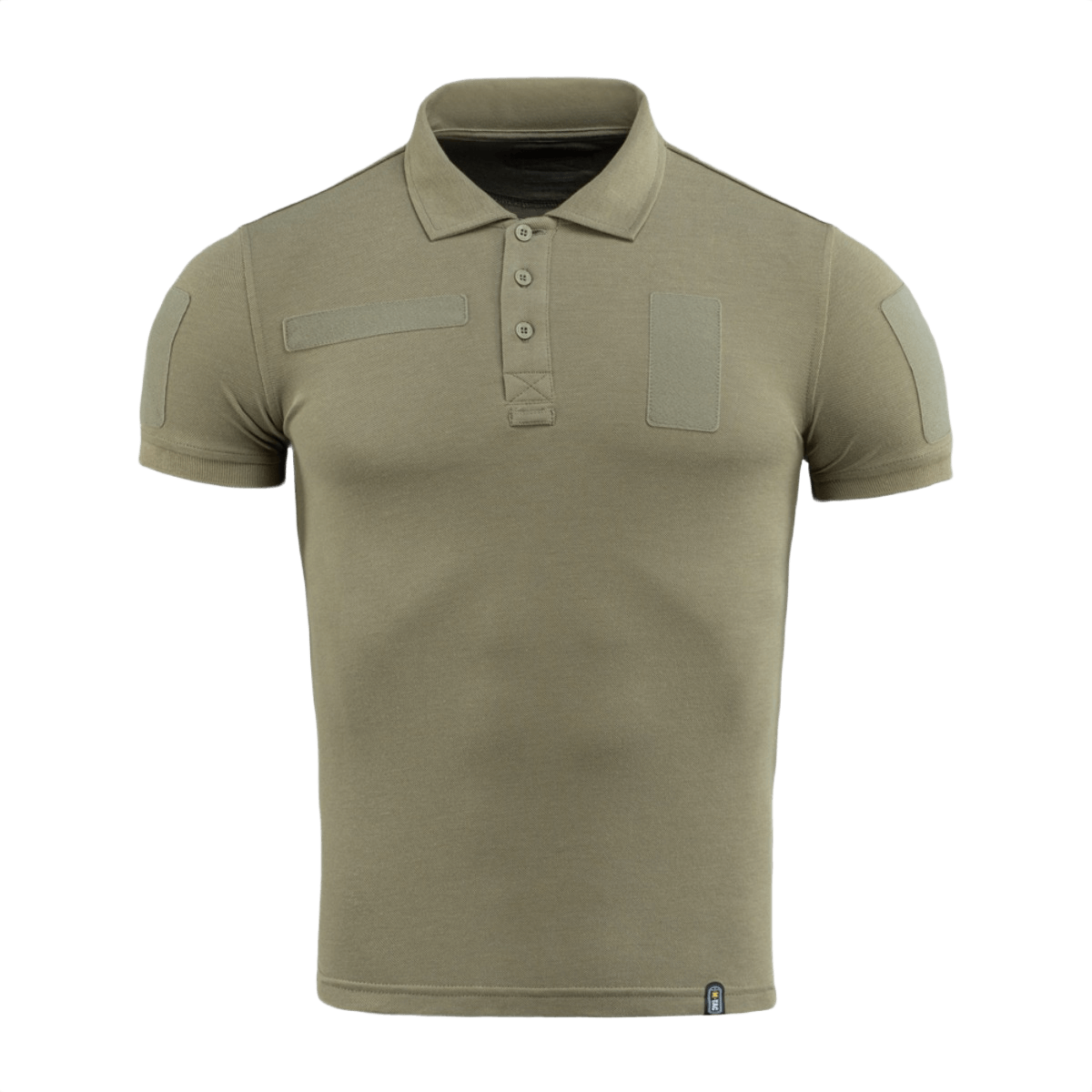 M-Tac Tactical Polo Shirt 65/35 i olivengrøn med velcro-paneler, perfekt til politi og sikkerhed, bomuld-polyester blanding for komfort og holdbarhed.
