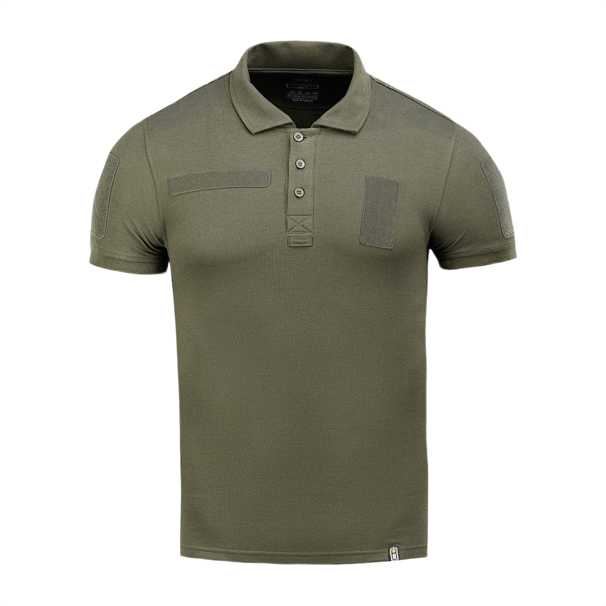 M-Tac Tactical Polo Shirt 65/35 i olivengrøn med velcro-paneler til patches, ideel til politi og sikkerhedspersonale uniformsbrug.