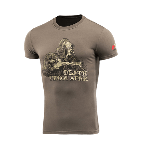 M-Tac Sniper T-shirt med teksten 'Death From Afar', fremstillet af 93% bomuld og 7% elastan for komfort og holdbarhed.
