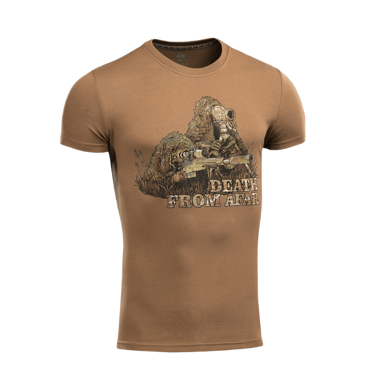 M-Tac Sniper T-shirt med "Death From Afar" print, ideel til snipers. Komfortabel og holdbar med 93% bomuld og 7% elastan.