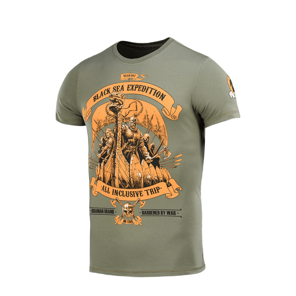 M-Tac T-shirt Black Sea Expedition i olivengrøn med tryk, fremstillet af 93% bomuld og 7% elastan, ideel til udendørs aktiviteter.