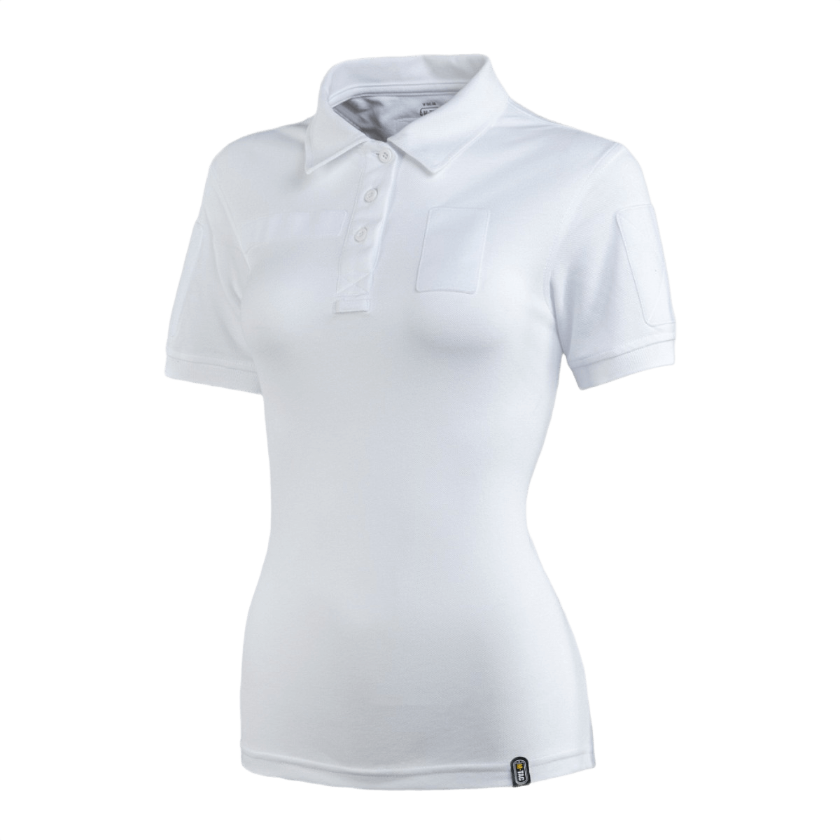 M-Tac Tactical Polo-Shirt 65/35 Lady i hvidt, designet til kvinder med komfortabel bomulds-polyester og velcro til mærker.