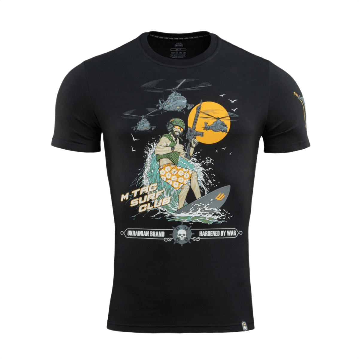 M-Tac T-Shirt Surf Club med specialstyrkesoldat design, sort trøje, inspireret af ukrainske operationer, bomulds-elastan blanding