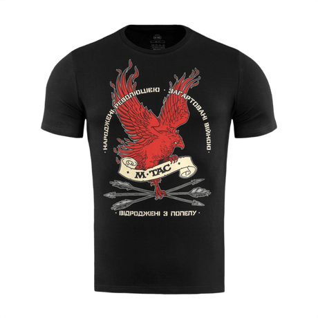 M-Tac T-Shirt Phoenix med Fugl Føniks og slogan "Born by the Revolution – Hardened by War", symboliserende styrke og genopstandelse.