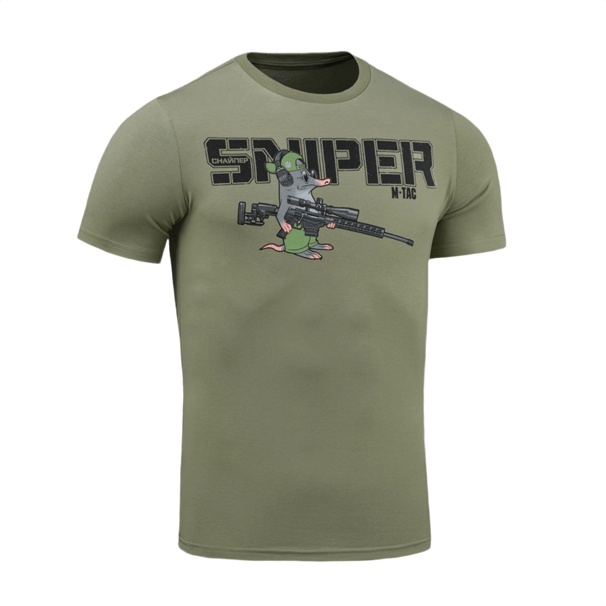 M-Tac T-Shirt Mole i grøn farve med humoristisk snigskytte print af en muldvarp, lavet i blød bomuldsblanding for komfort.