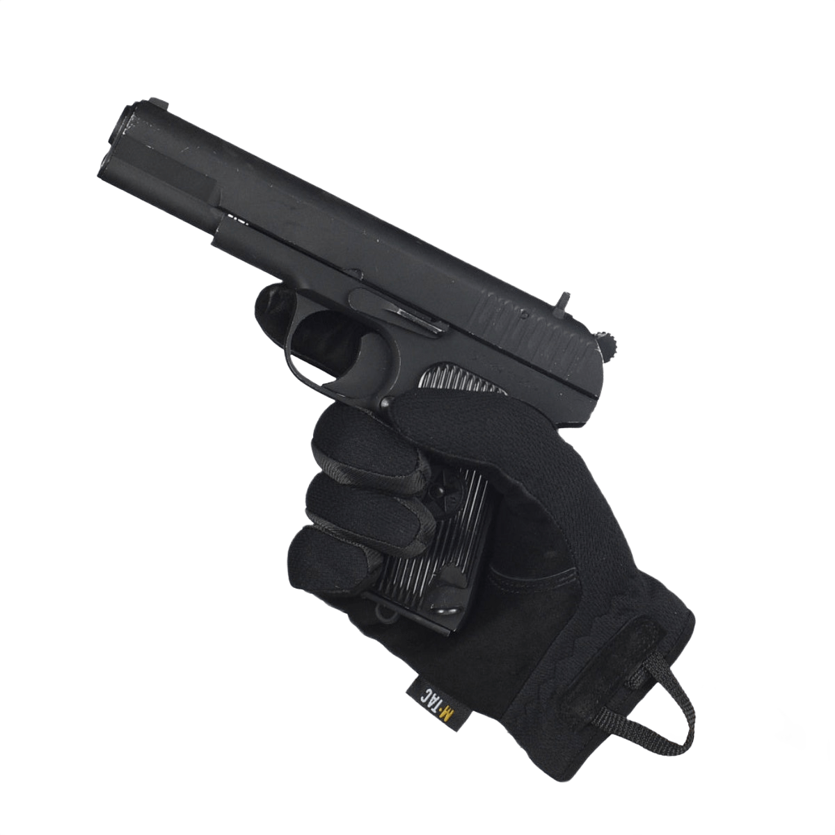 M-Tac Handsker Scout Tactical i sort, med pistol grebet i højre hånd for optimal komfort og beskyttelse under brug.