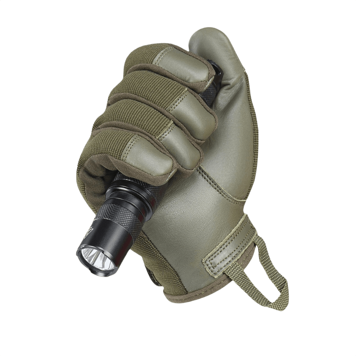 M-Tac Handsker Police i syntetisk materiale og læder, viser lukket næve med lommelygte, justerbar velcrorem på håndleddet.