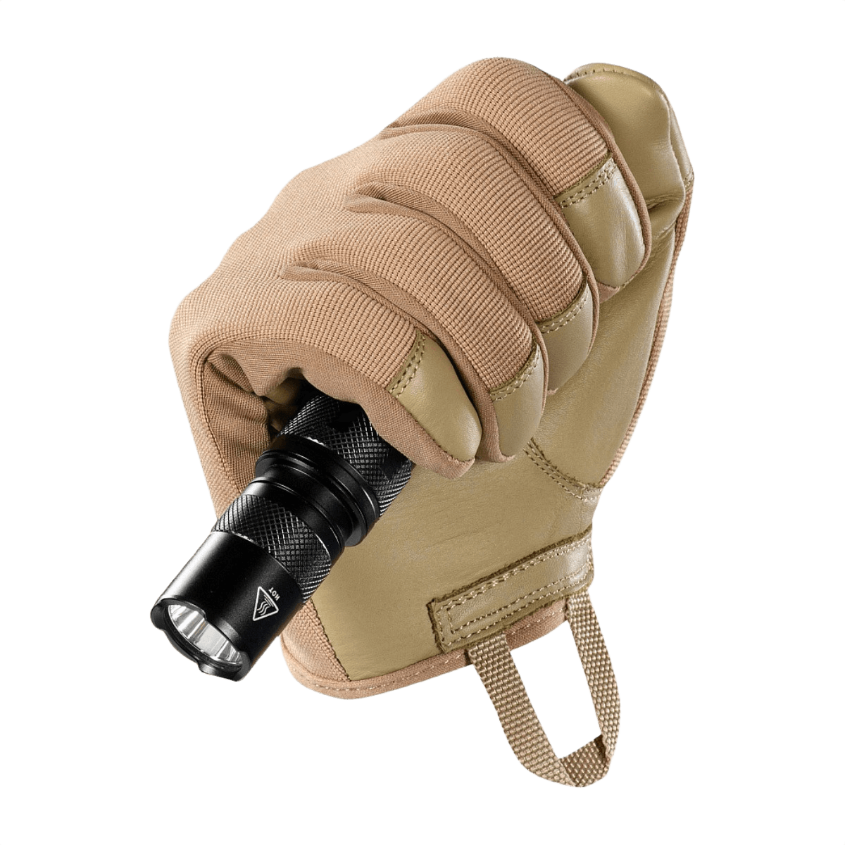 M-Tac Handsker Police holder en sort lommelygte, designet til komfort og holdbarhed med polstrede zoner og justerbar velcro.