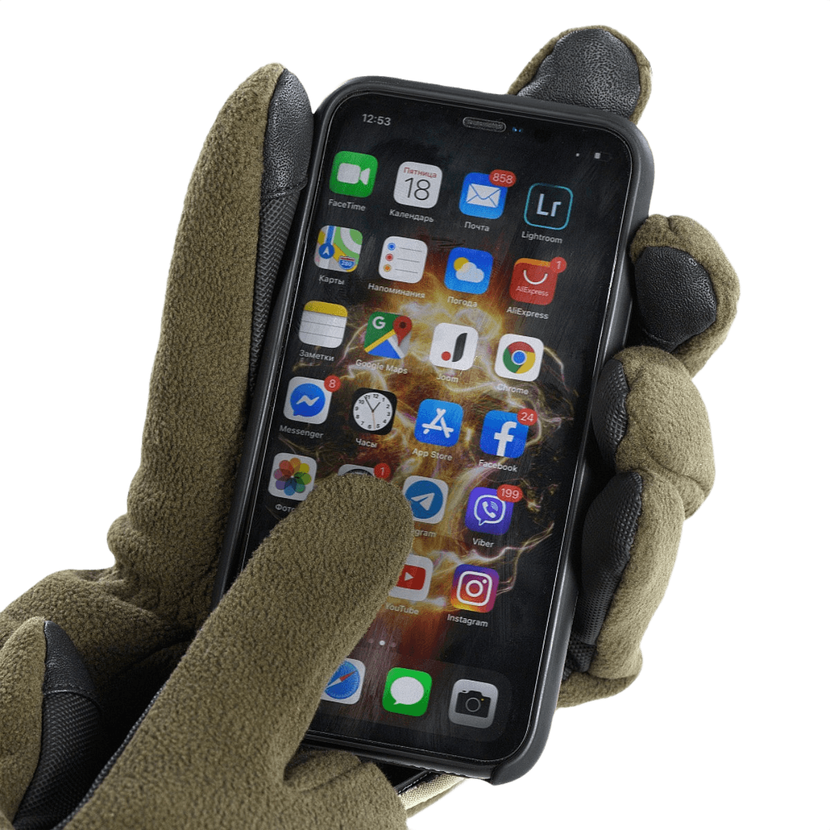 M-Tac Handsker Fleece Thinsulate med touchscreen-kompatibilitet holder en smartphone, der viser app-ikoner, ideel til vinterbrug.