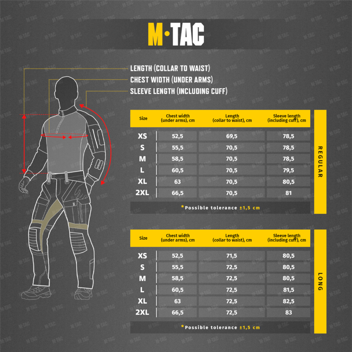 Størrelsesdiagram for M-Tac Combat Fleece Jakke med mål for længde, brystbredde og ærmelængde for almindelige og lange modeller.