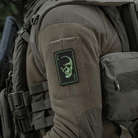 M-Tac Patch Face of War (Broderi) i broderet Cordura 500D på jakke, med kraniemotiv og velcrolukning, 8.5 x 5.2 cm, stil fra Vietnamkrigen.