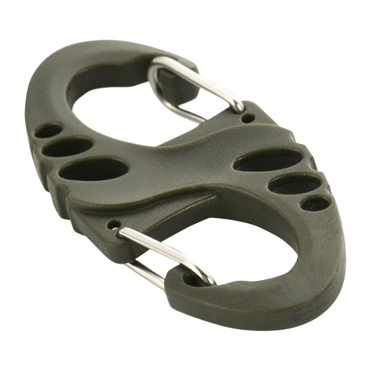 M-Tac Plast S-Krog Karabinhage i plast og stål til nøgler og let udstyr, 50 mm kompakt design, ikke til tunge genstande eller klatring.