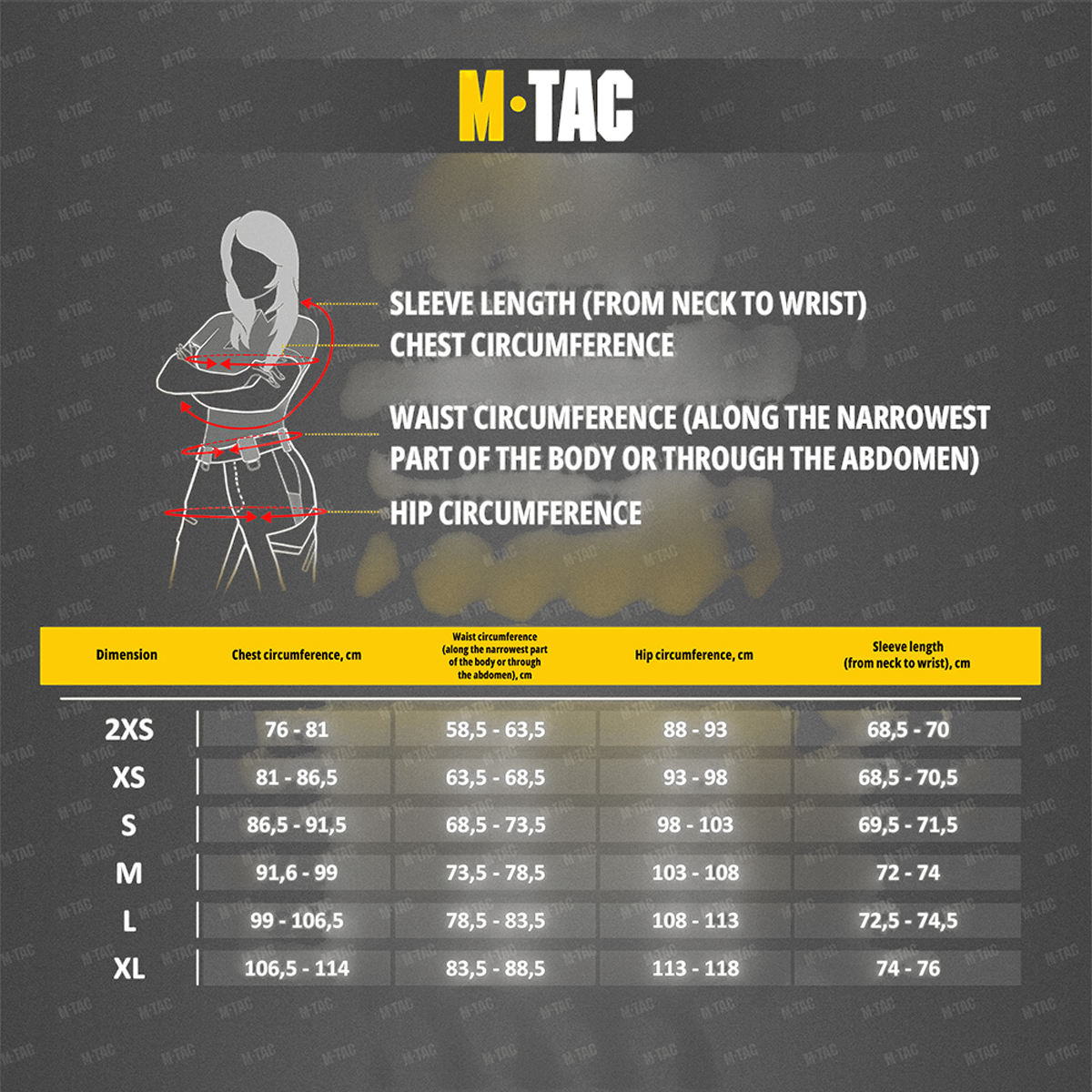 Størrelsesguide for M-Tac Combat Fleece Jakke Polartec Dame med mål for bryst-, talje-, hofteomkreds og ærmelængde.