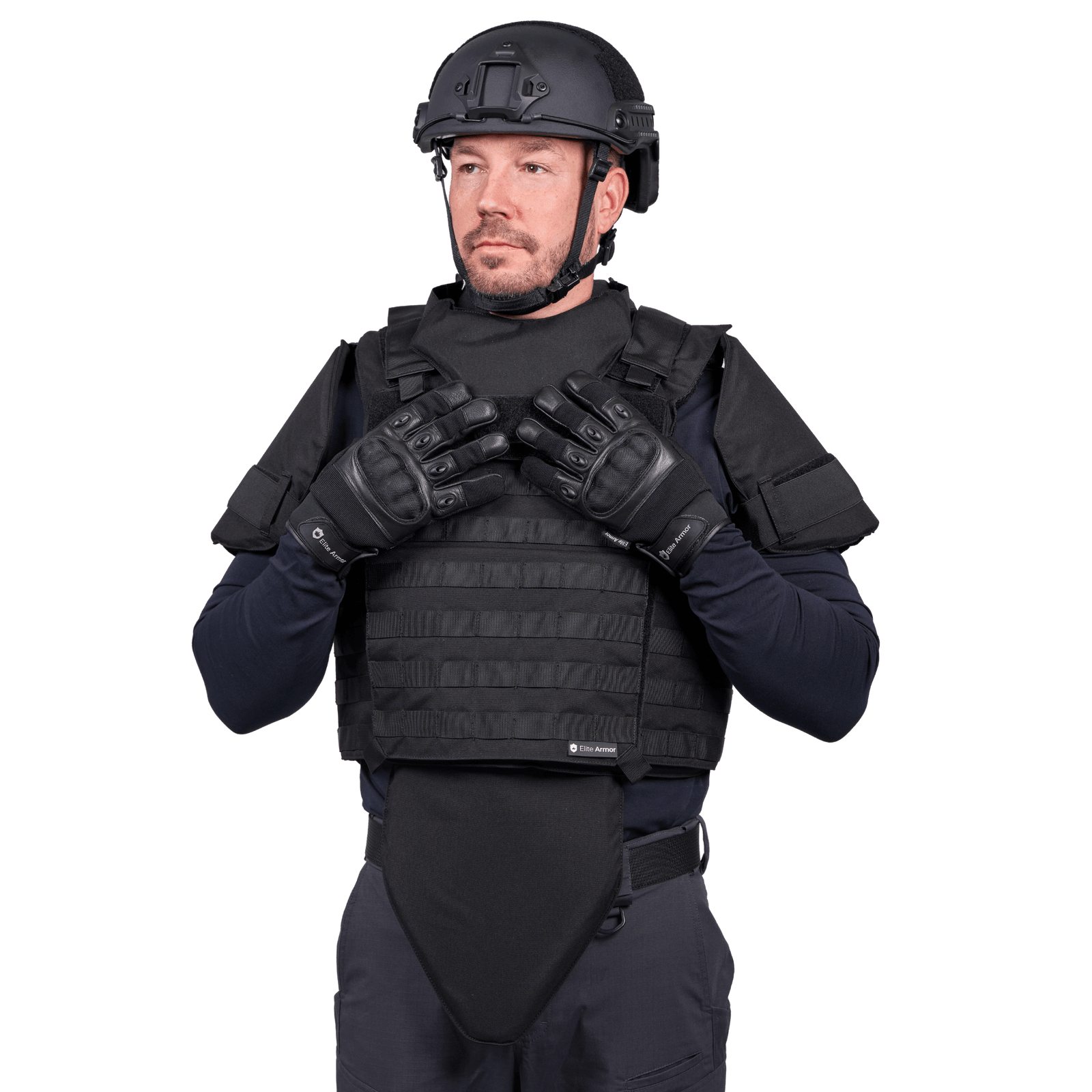 EA Combat Skud & Stiksikker Vest i sort med NIJ Level IIIA certificering, modulært design og ballistisk beskyttelse, galleri position 1 på model.