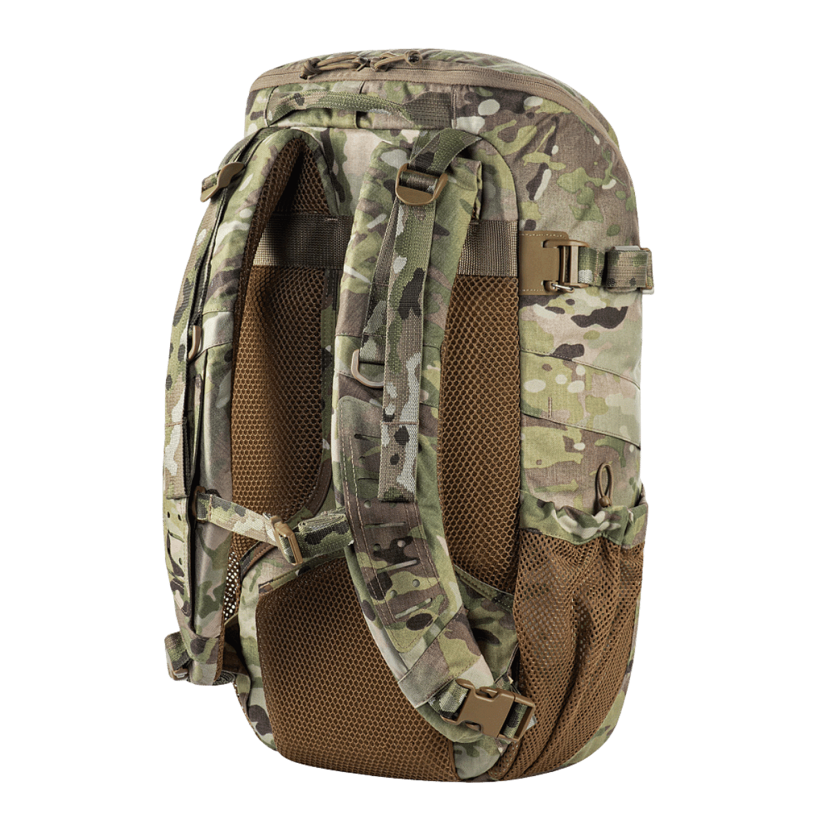 M-Tac Rygsæk Gen. II Elite – Small i camouflage design med MOLLE-paneler og mesh-lommer, set bagfra for optimal funktionalitet.