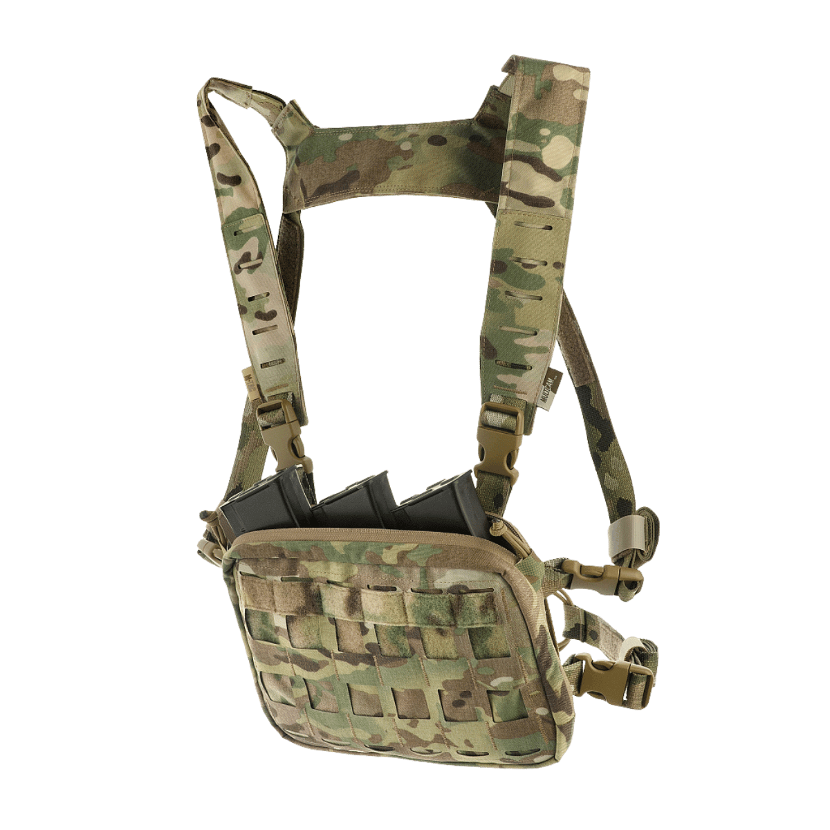 M-Tac Chest Rig Elite i kamouflage, alsidigt design med MOLLE Laser Cut panel og H-sele, perfekt til EDC og taktisk brug.