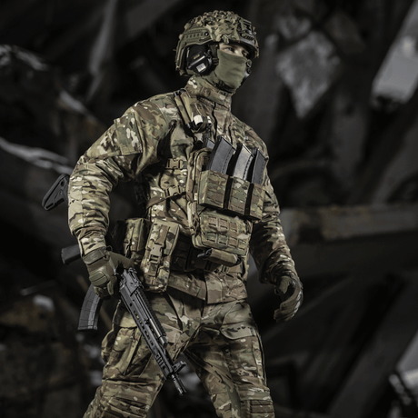 M-Tac Chest Rig Elite i camouflage med MOLLE Laser Cut panel, H-sele og NIJ-certificering, taktisk brysttaske, galleri position 1.