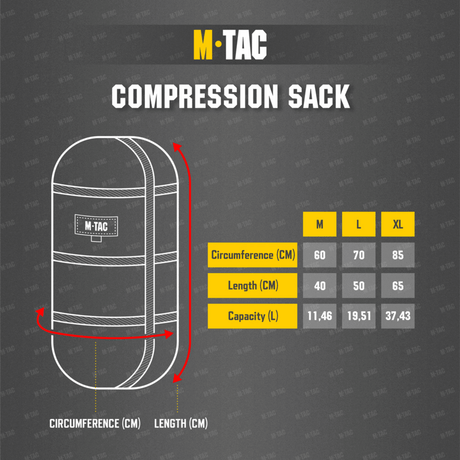 M-Tac Kompressionspose størrelsesdiagram med mål for omkreds og længde i centimeter. Viser tre forskellige størrelser M, L og XL.