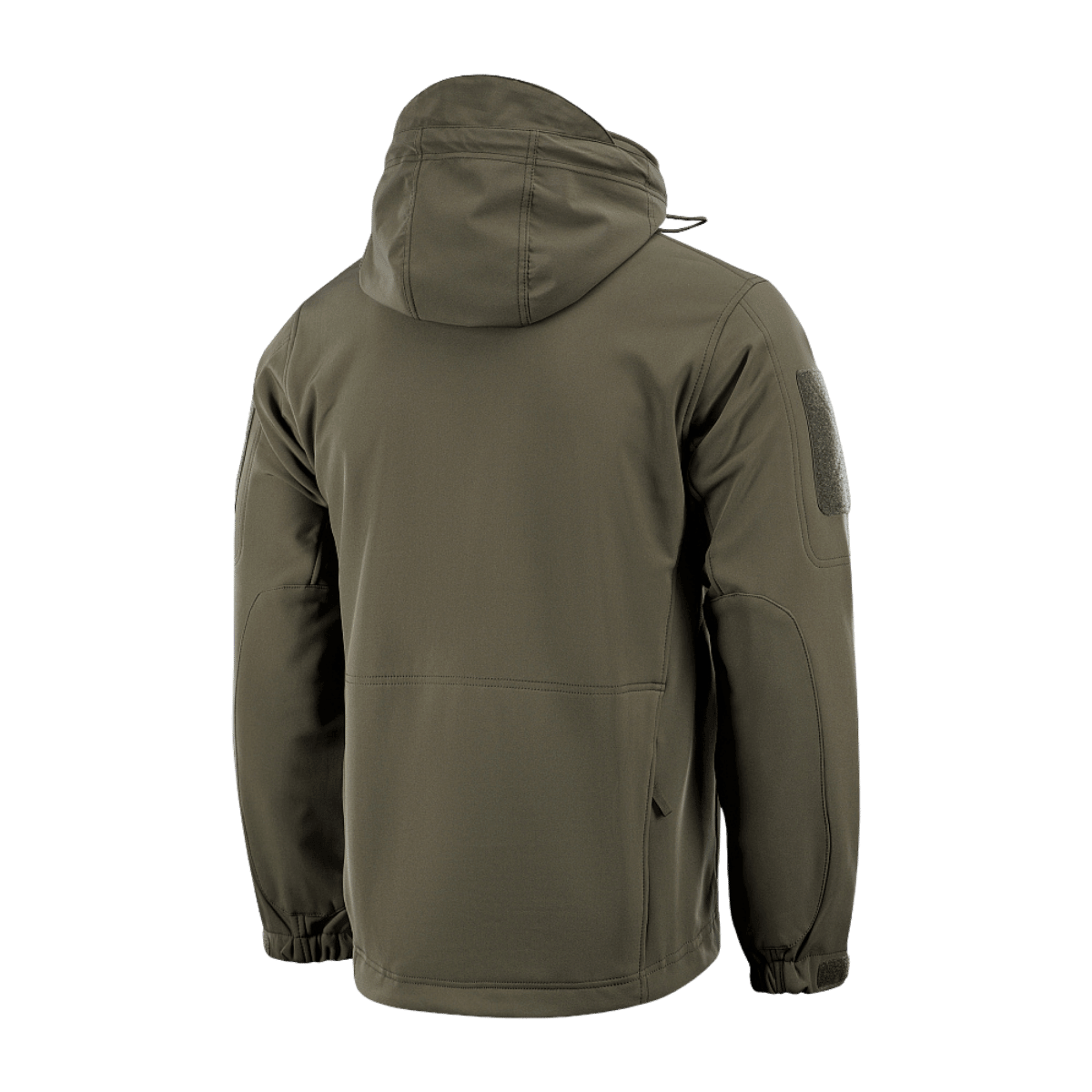 M-Tac Soft Shell Jakke med polyuretan-membran og fleece, vind- og vejrbeskyttelse, grøn jakke set bagfra.