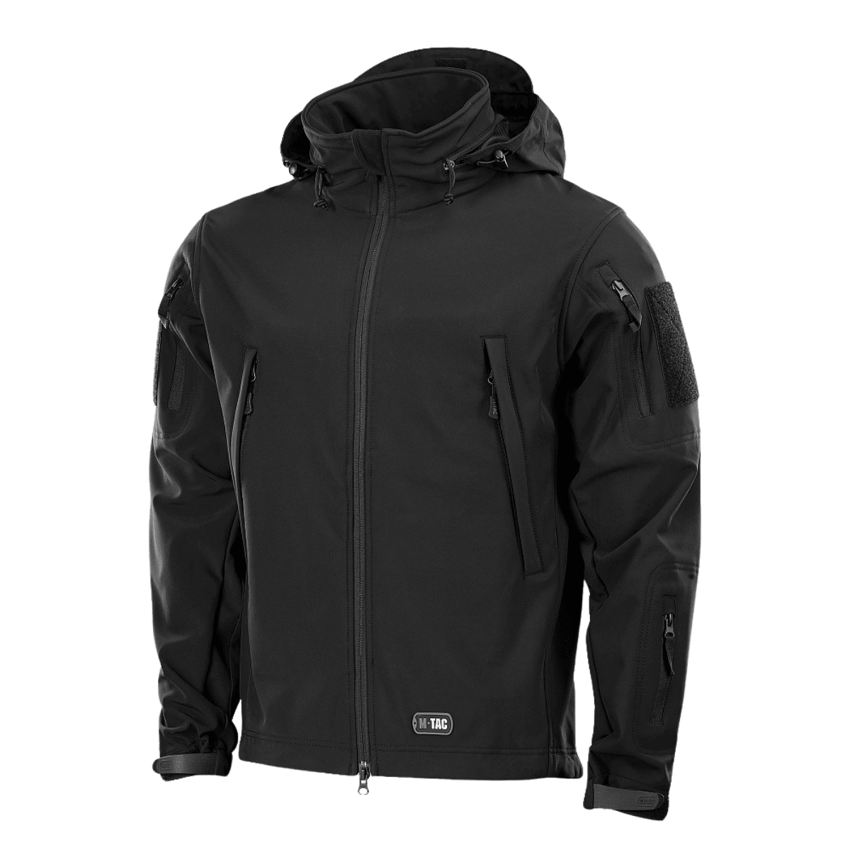 M-Tac Soft Shell Jakke i sort med polyuretan-membran og fleece-lag for vejrbeskyttelse og komfort.