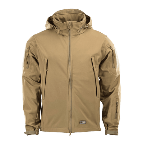 M-Tac Soft Shell Jakke i tan med polyuretan-membran og fleece-lag designet til beskyttelse mod dårligt vejr.