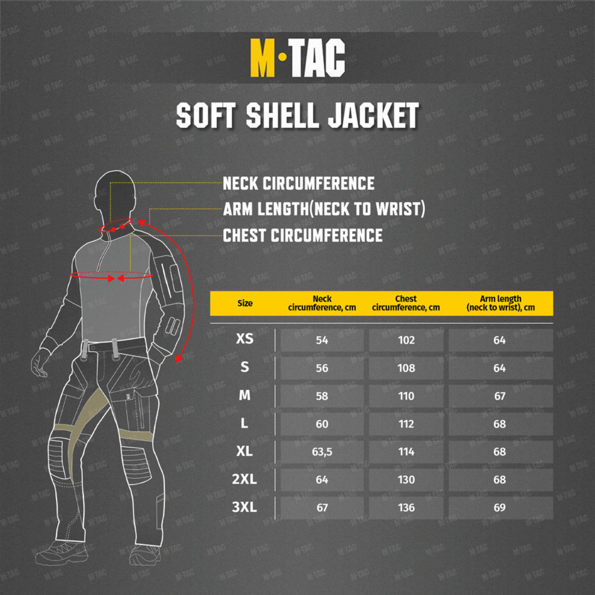 Størrelsesguide til M-Tac Soft Shell Jakke med mål for hals, bryst og armlængde i cm, XS til 3XL.
