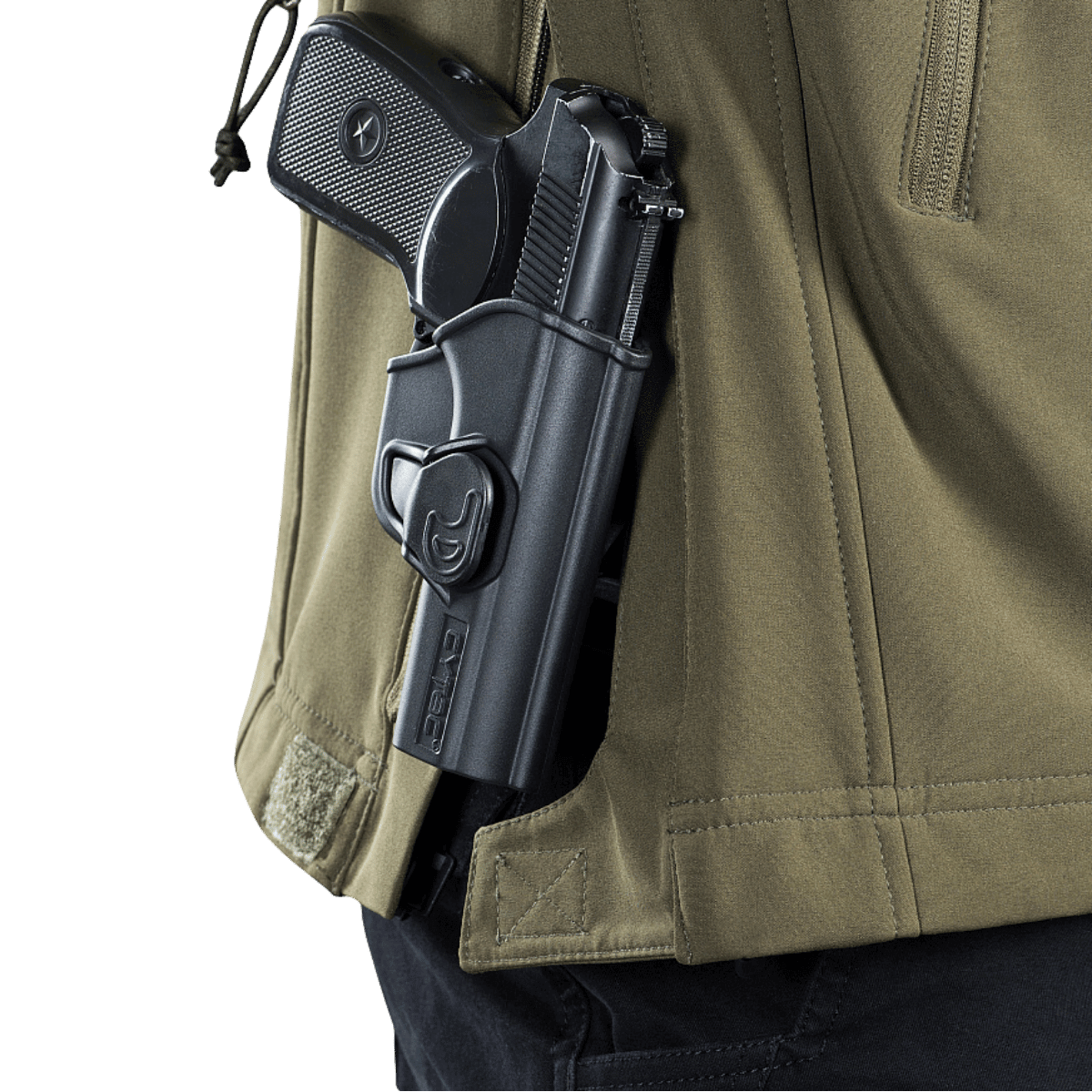 M-Tac Soft Shell Police Jakke med sidevisning af skjult pistolhylster, funktionelt design til vejrbeskyttelse og bevægelsesfrihed.