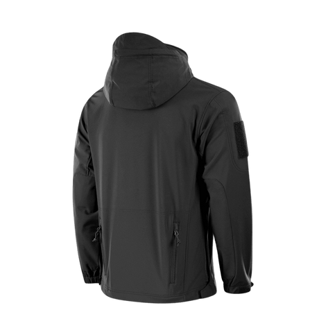 M-Tac Soft Shell Police Jakke med justerbar hætte og identifikationspaneler, set fra bagsiden.