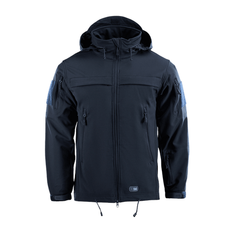 M-Tac Soft Shell Police Jakke med justerbar hætte og fleece-lag, designet til vind- og vejrmotstand med skjulte identifikationspaneler.