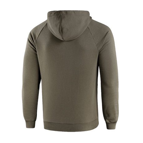 M-Tac Hættetrøje Cotton Raglan i olivengrøn, bagfra, med raglanærmer for komfort og stil.