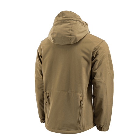 M-Tac Soft Shell Jakke med Liner set bagfra, beige jakke med aftagelig fleecefoer velegnet til dårligt vejr. Lav vægt og holdbar.